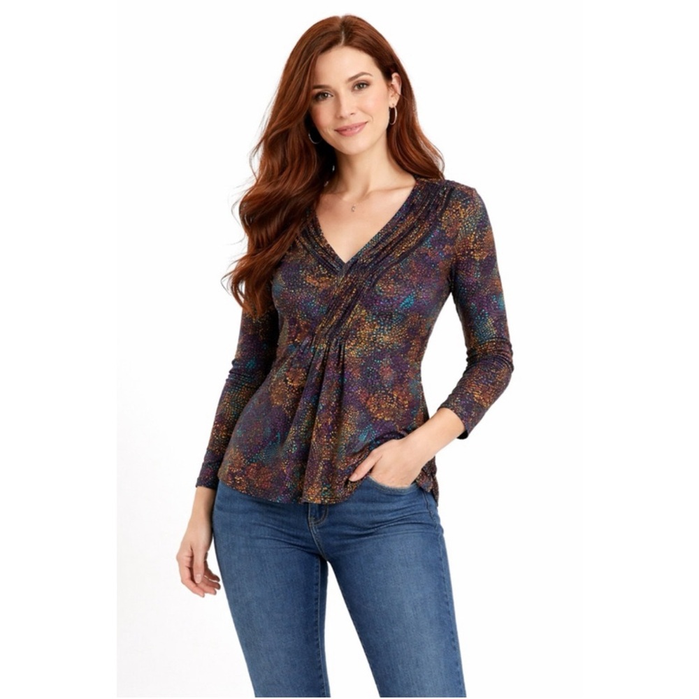 Chic Multicolor V-Neck Long Sleeve Top
